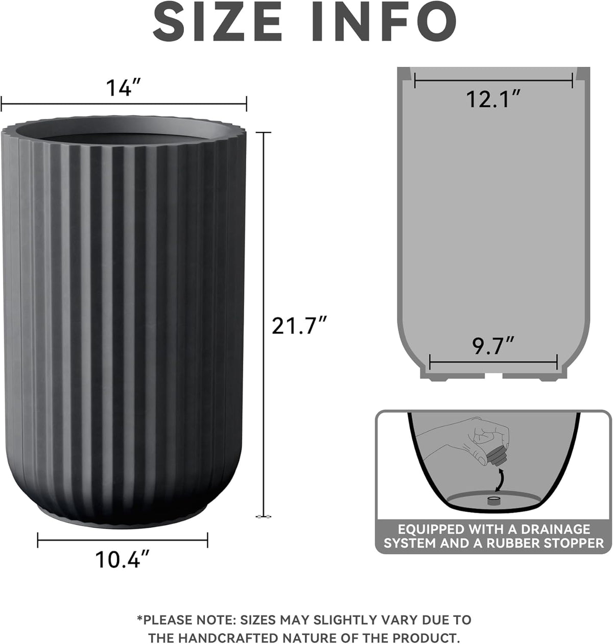 Kante Tall Fulted Planter, 21.7 Inch Tall Round Concrete Plant Pots with Drainage Hole and Rubber