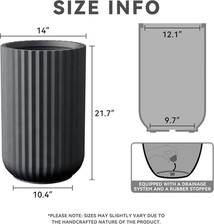 Kante Tall Fulted Planter, 21.7 Inch Tall Round Concrete Plant Pots with Drainage Hole and Rubber