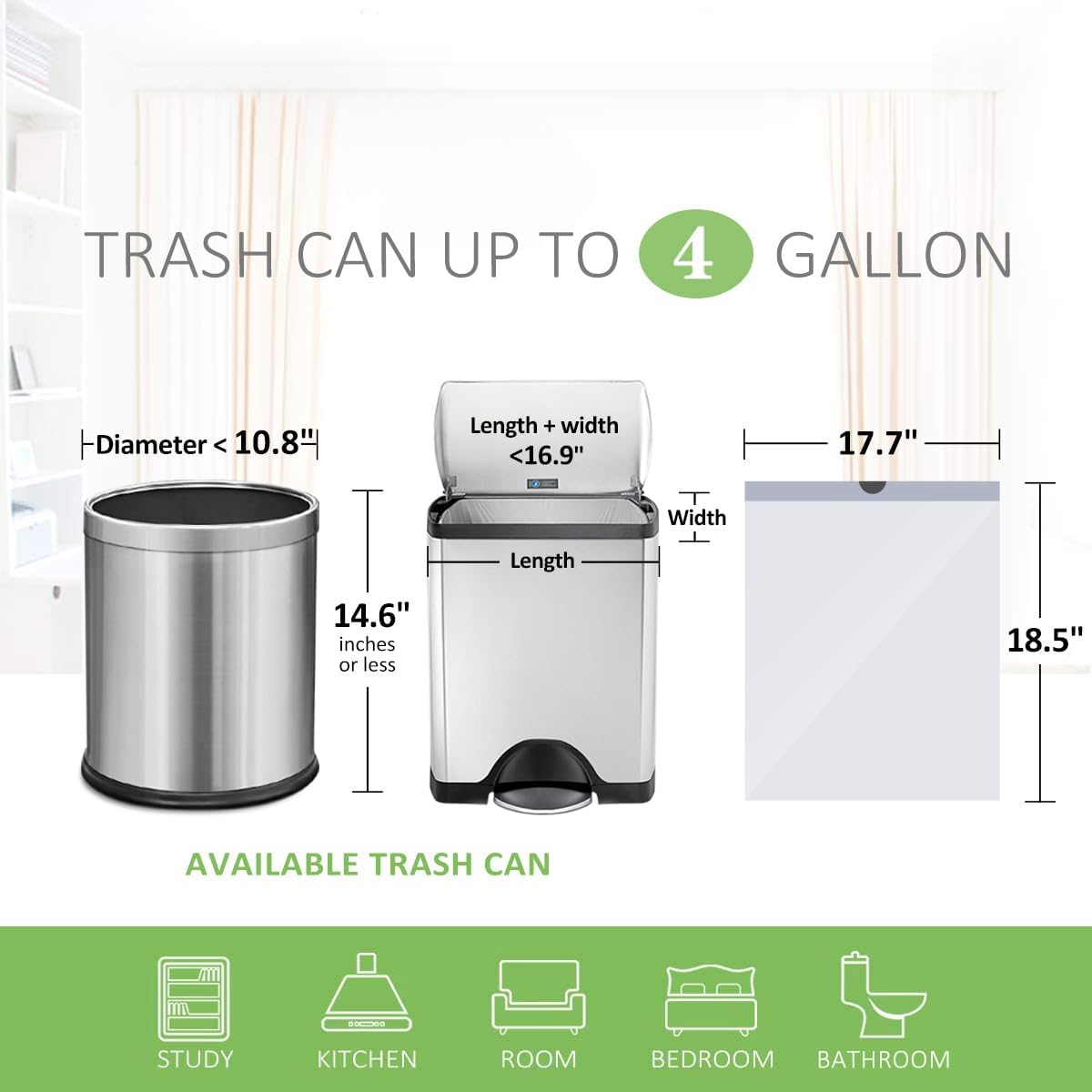 4 Gallon 140 Counts Strong Drawstring Trash Bags Garbage Bags by Teivio, Bathroom Trash Can Bin