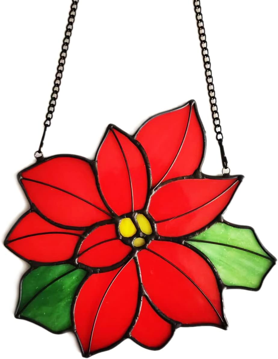 Stained Glass Poinsettia Flower Window Hanging Christmas Sun Catchers Holiday Decoration Window