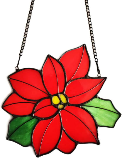 Stained Glass Poinsettia Flower Window Hanging Christmas Sun Catchers Holiday Decoration Window