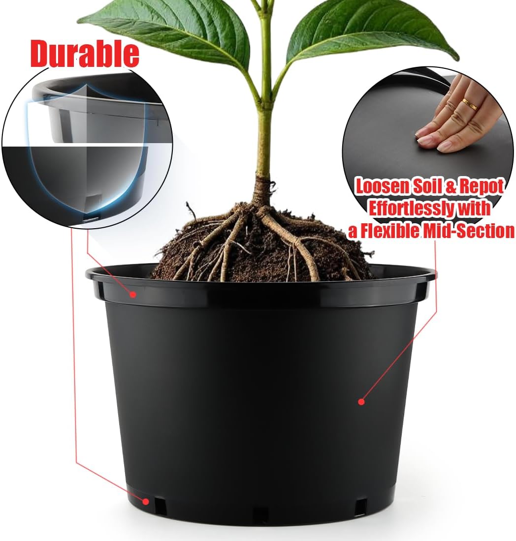 7 Gallon Plastic Nursery Pots, 15 Inch Large Plastic Pots for Plants, Round Plant Pots with