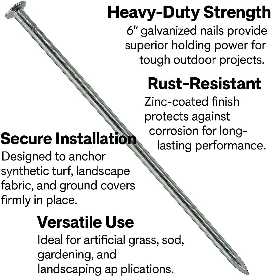 Turf Nails 6'' Galvanized - 140 Pack, Heavy-Duty Fasteners for Synthetic Grass, Landscaping, and