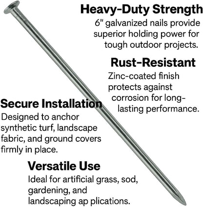 Turf Nails 6'' Galvanized - 140 Pack, Heavy-Duty Fasteners for Synthetic Grass, Landscaping, and