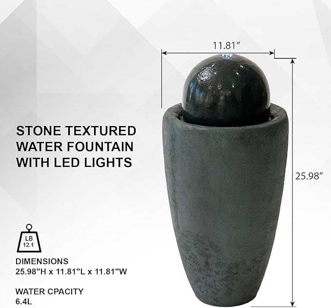 XBrand 25.98" H Round Stone Indoor/Outdoor Modern Stone Textured Sphere Water Fountain w/LED