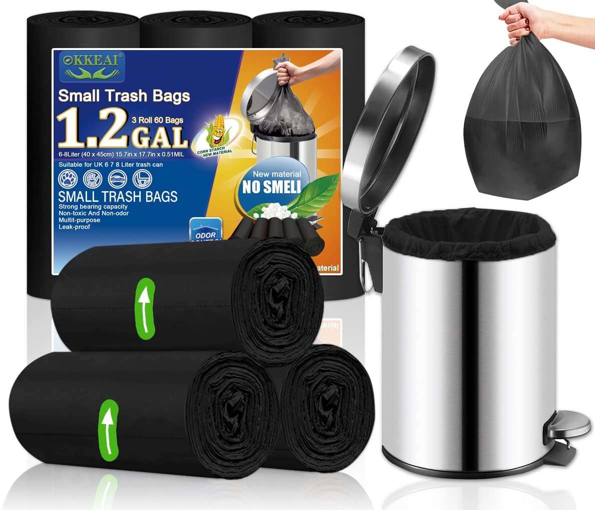 OKKEAI Small Garbage Bags for Bathroom Can 5 Liter Trash Bags 1.2 Gal Waste Basket Liners for