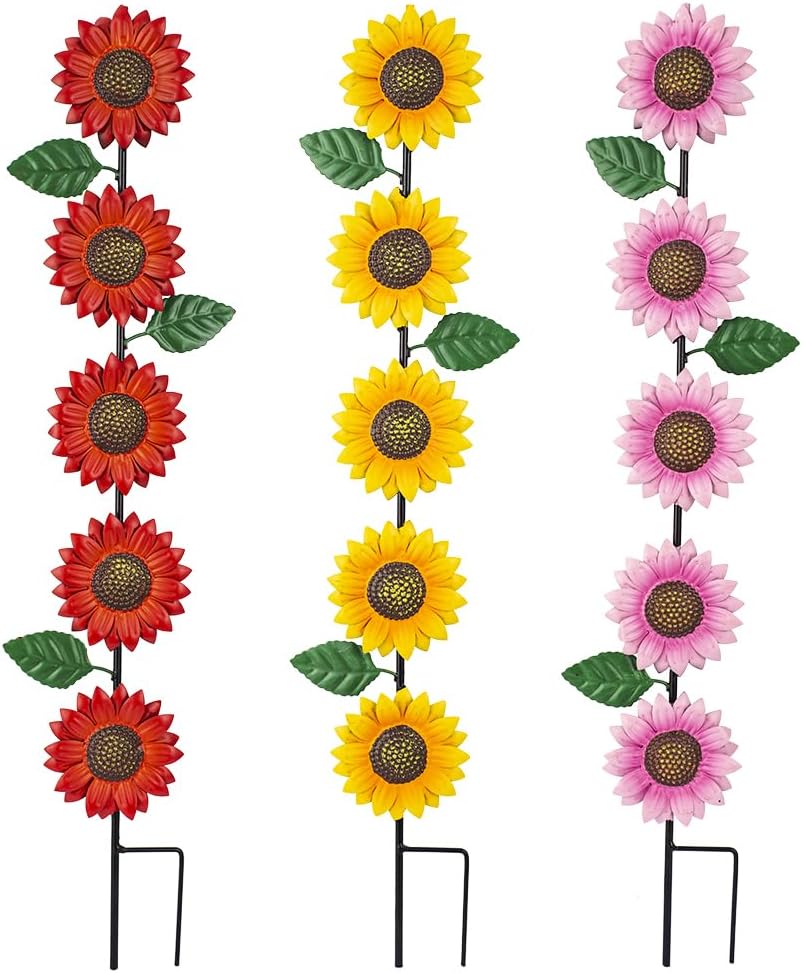 Garden Decor for Outside,3 Pack Sunflowers Metal Yard Art Decorative Garden Stakes,Metal Flowers