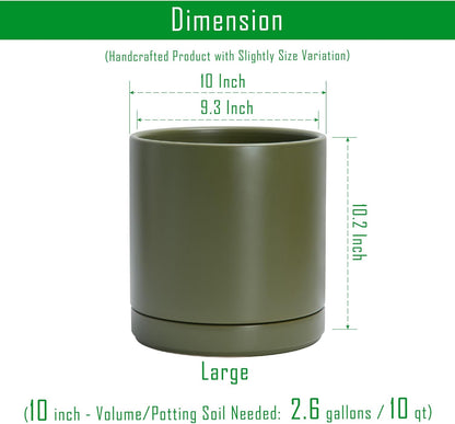 D'vine Dev 10 Inch Ceramic Planter Pot with Drainage Hole and Saucer, Indoor Cylinder Round Planter