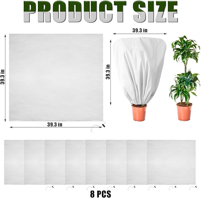 8 Pcs Plant Covers Frost Protection Bag 39.3" x 39.3" Winter Reusable Plants Jacket with Drawstring
