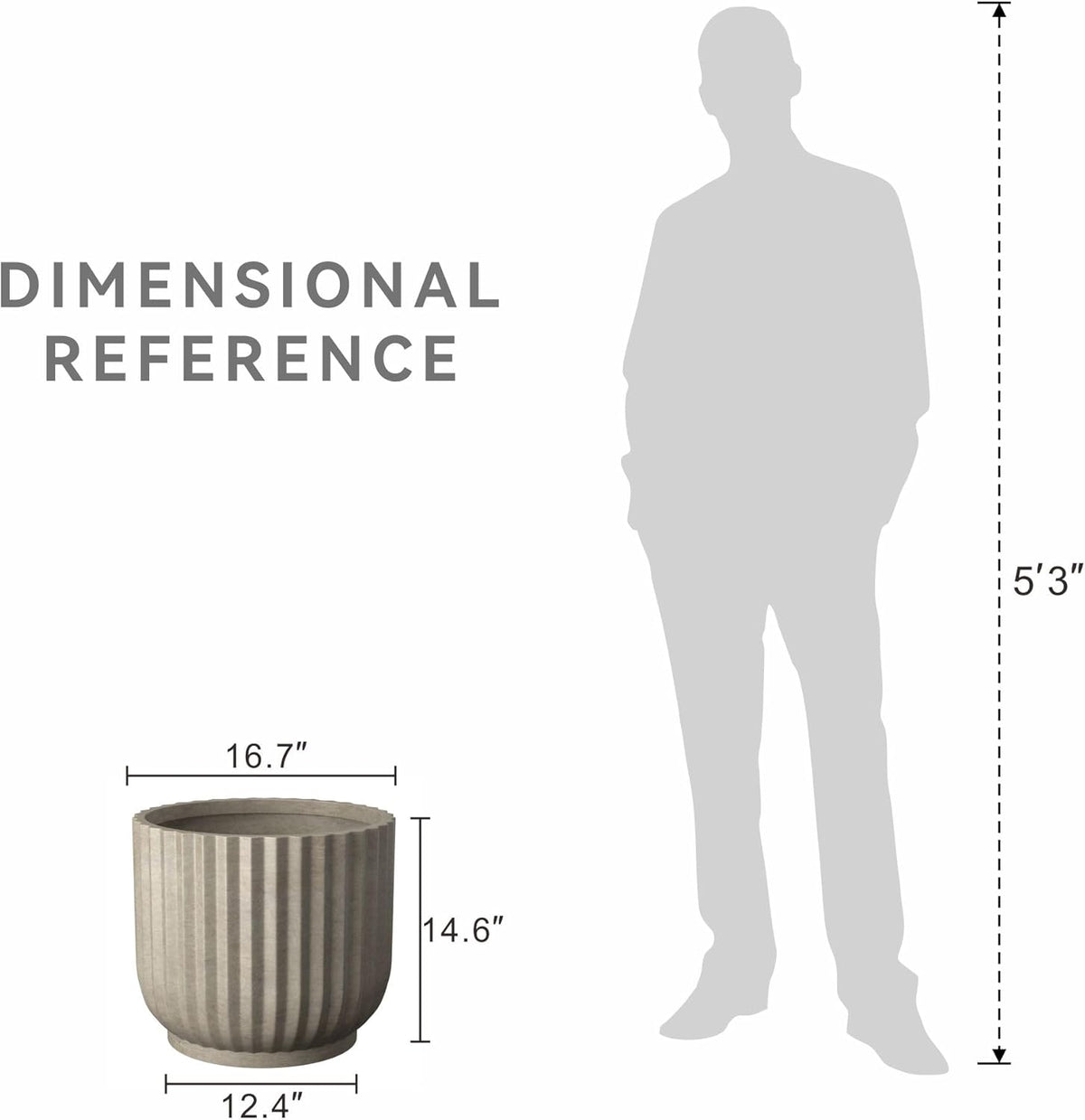 Kante Round Fulted Planter, 16.7 Inch Dia Large Concrete Plant Pots with Drainage Hole and Rubber