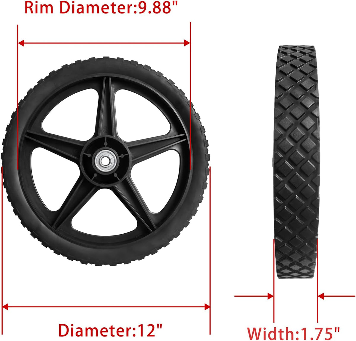 Parts Camp 12" Lawn Mower Wheels Kits 12 x 1.75'' Spoked Plastic Wheel and Tire For Push Mower