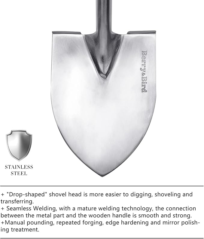 Berry&Bird Shovels for Digging, 43’’ Round Spade Heavy Duty Shovel with Wooden D Handle Stainless