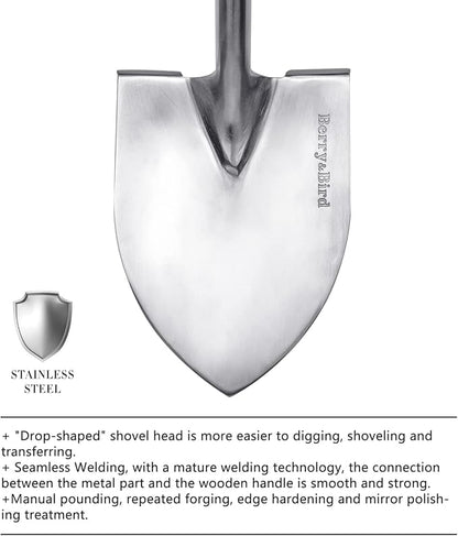 Berry&Bird Shovels for Digging, 43’’ Round Spade Heavy Duty Shovel with Wooden D Handle Stainless