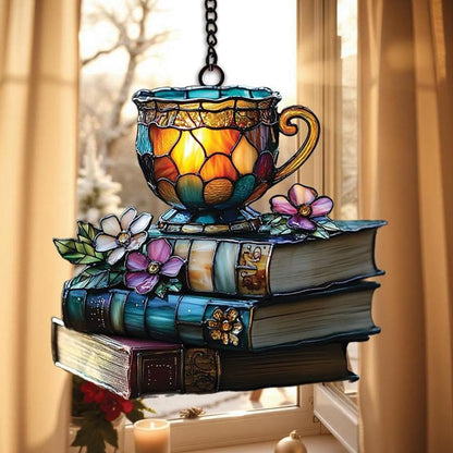 Bookish Teacup Acrylic Suncatcher Stained Glass Effect Window Car Hanging Christmas Ornament Indoor