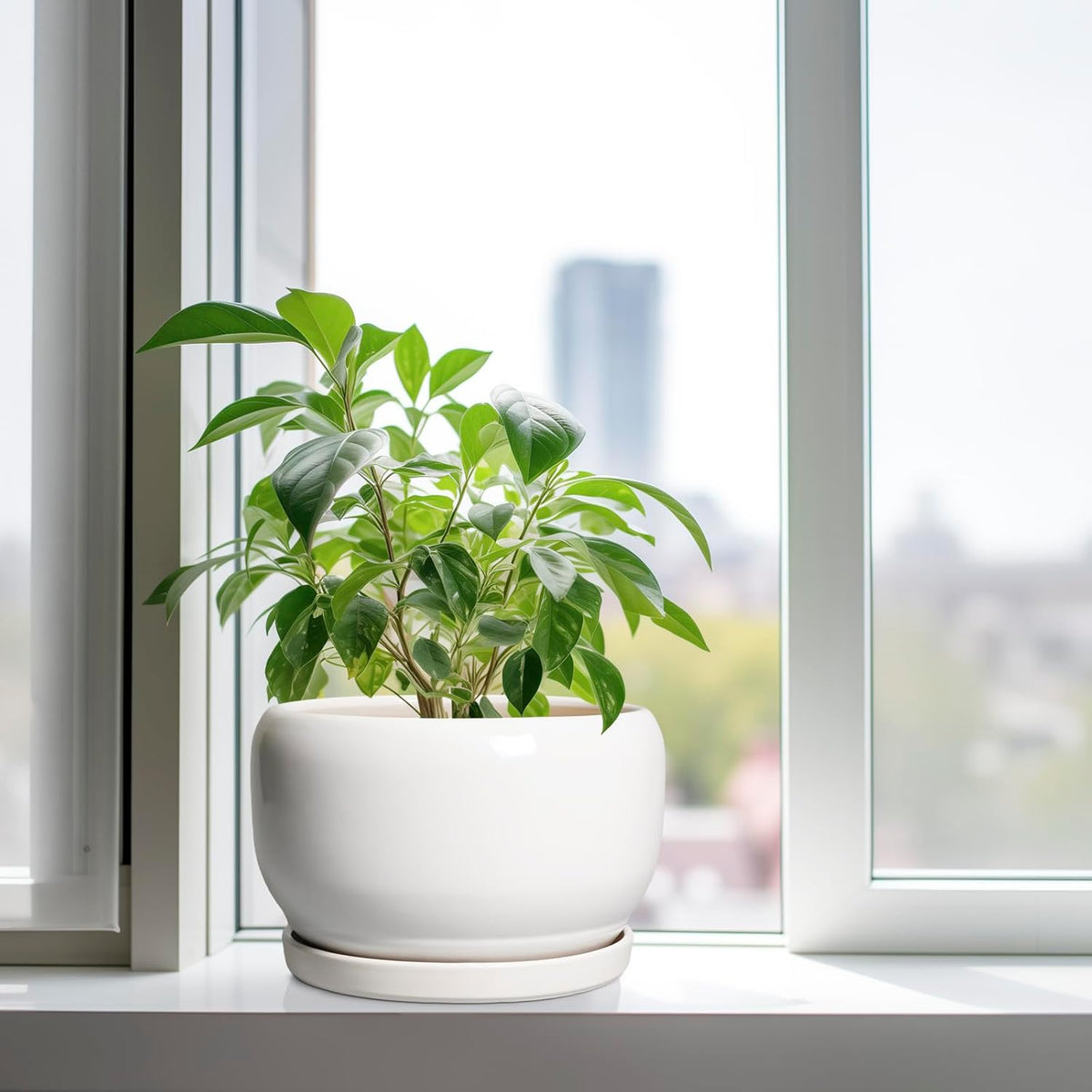 SQOWL Ceramic Pot for Plants - 10 Inch Planter with Drainage Hole and Saucer, Round Ceramic Flower