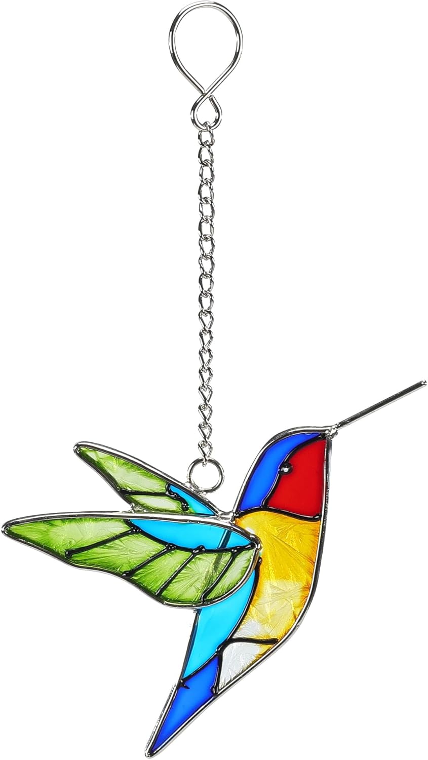 Handmade Stained Glass Hummingbird Hanging Ornament - Colorful 4.3x4.9 Inch Window/Garden Decor for