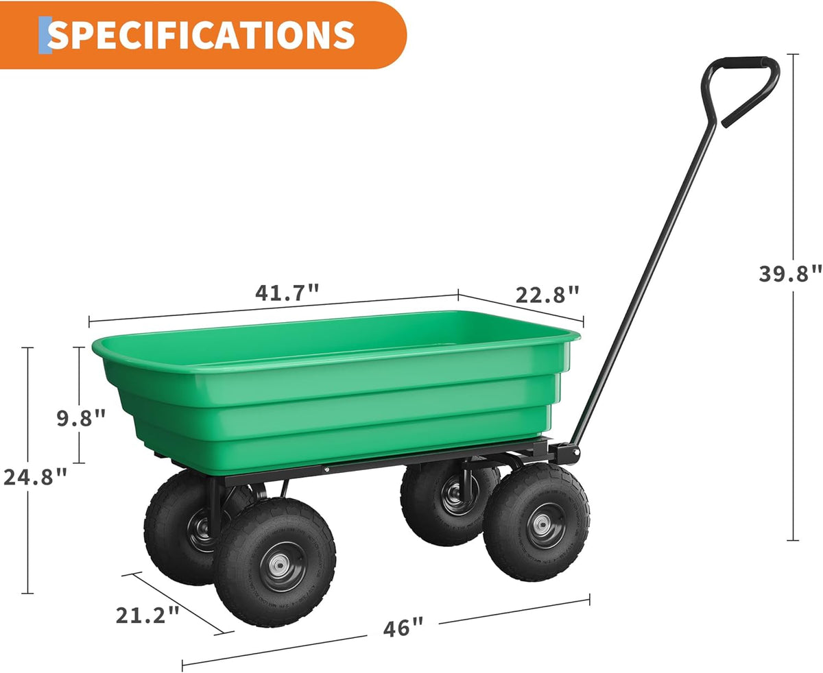 6 Cu.Ft. 1200Lbs Garden Cart Dump Wagon, Heavy-Duty 4 Wheel Wheelbarrow Yard Cart with 13-Inch