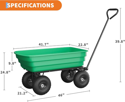 6 Cu.Ft. 1200Lbs Garden Cart Dump Wagon, Heavy-Duty 4 Wheel Wheelbarrow Yard Cart with 13-Inch