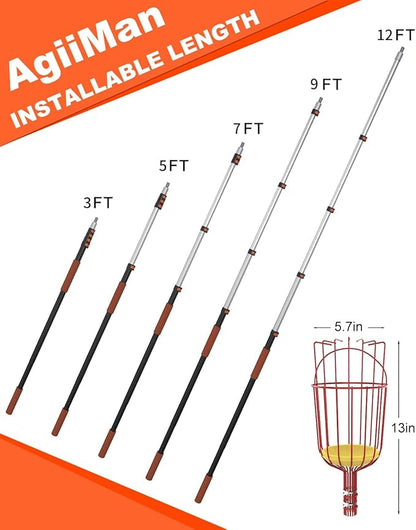 AgiiMan 3 to 12 FT Fruit Picker Pole - Reach to 18 FT Fruit Picker with Telescopic Extension Pole