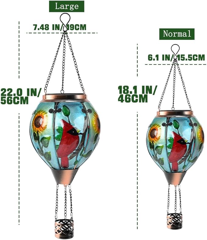 Hot Air Balloon Solar Lantern - Large Cardinal Bird Glass Lantern, Simulated Flickering & Dancing