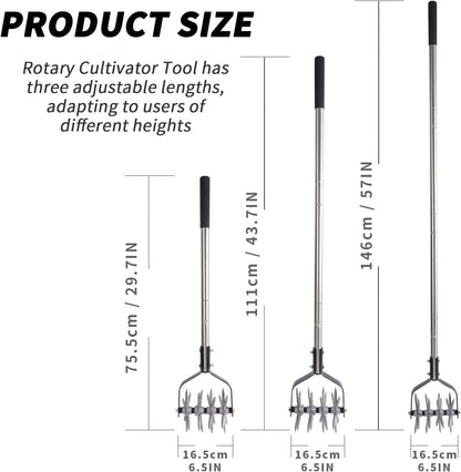 Rotary Garden Tool, Adjustable Hand Tiller, Long Handle Cultivator for Aerating, Weeding, Planting