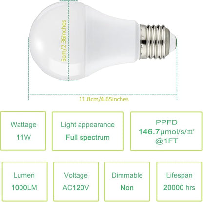 Grow Light Bulbs for Indoor Plants, Full Spectrum Grow Light Bulb, 11W LED Growing Plant Light Bulb