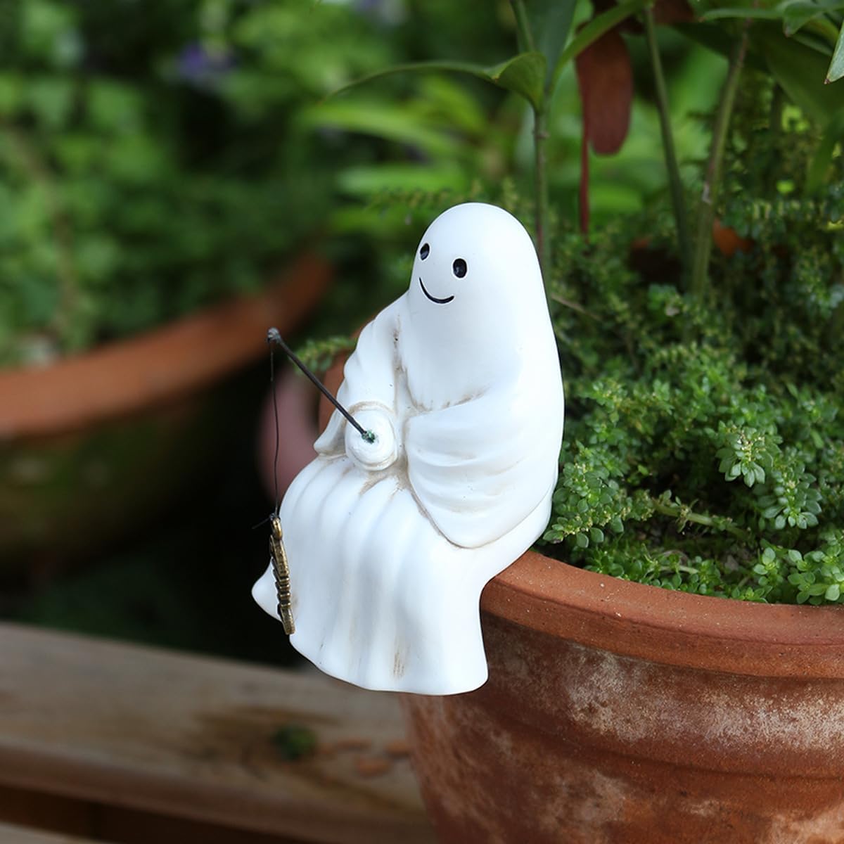 Fishing Ghost Statue Funny Halloween Decorations, 3.35 Inch Cute Sitting Ghost Figurine Shelf