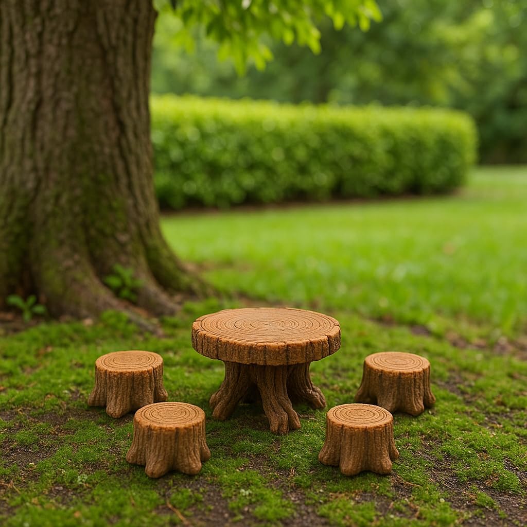 Miniature Tree Stump Garden Furniture Set, Brown Resin, Fairy Garden Decor, Indoor Outdoor