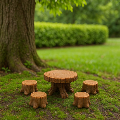 Miniature Tree Stump Garden Furniture Set, Brown Resin, Fairy Garden Decor, Indoor Outdoor