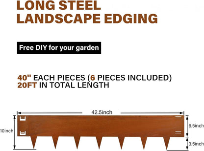 Cor-Ten Steel Landscape Edging 40 Inch Strips, 10-Inch Depth Metal Landscape Edging, 6-Pack Metal