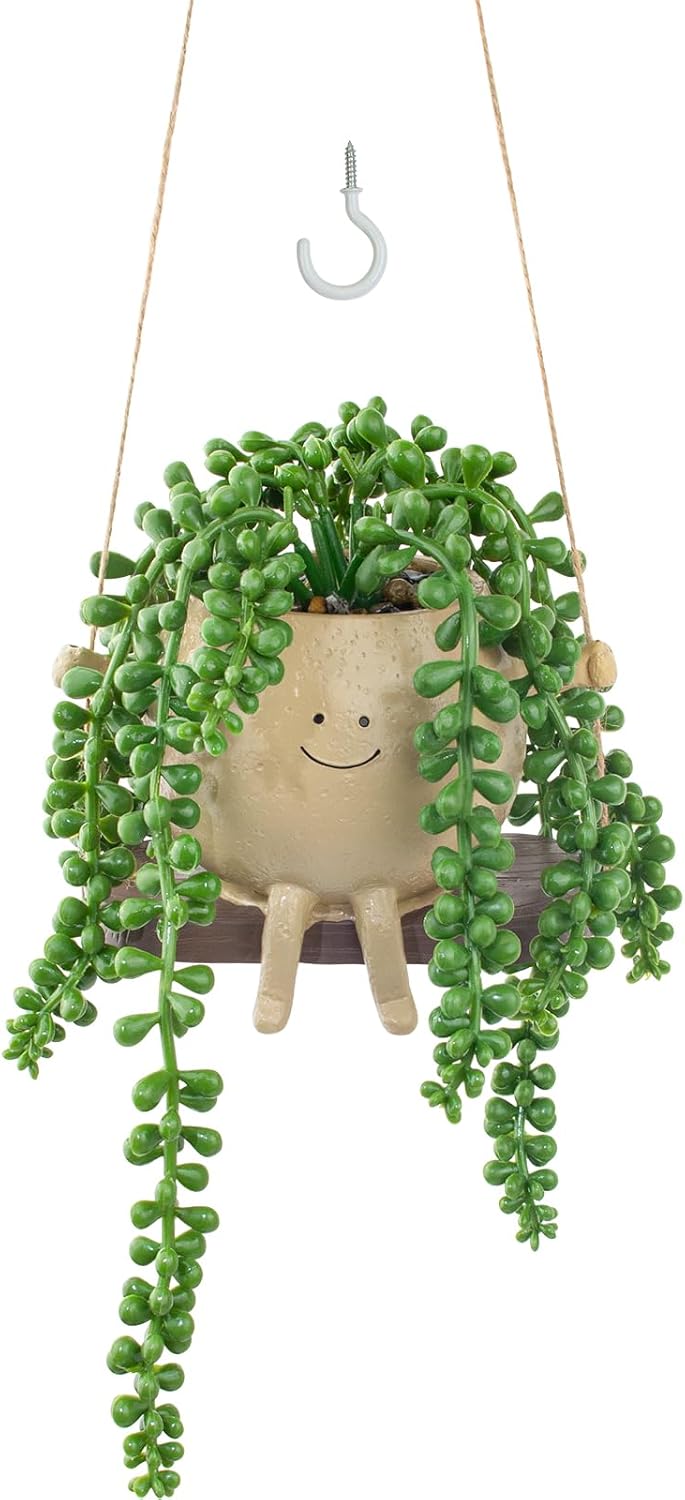 Artificial Succulents Hanging Plants Fake String of Pearls Trailing Plant in Cute Smiley Face Pot