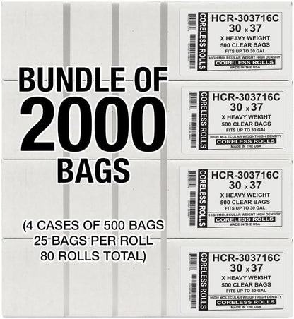 Aluf Plastics High Density Trash Bags, 30 Gallon, 2000 Count, 16 Micron (eq), 30" x 37", Clear, for