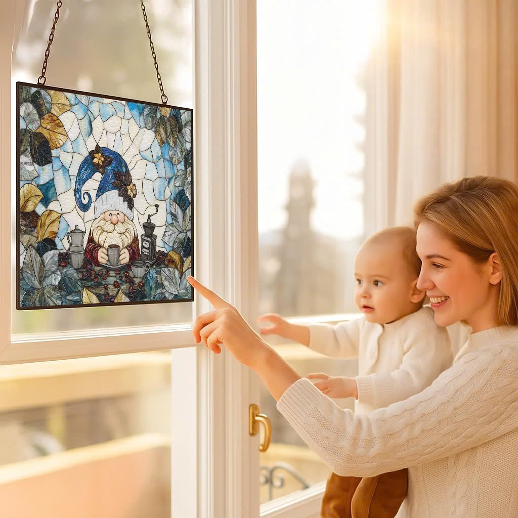 Rectangle Coffee Gnome Stained Glass Window Hanging Customized Suncatcher Glass Panel with Metal