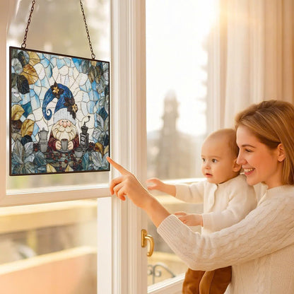 Rectangle Coffee Gnome Stained Glass Window Hanging Customized Suncatcher Glass Panel with Metal