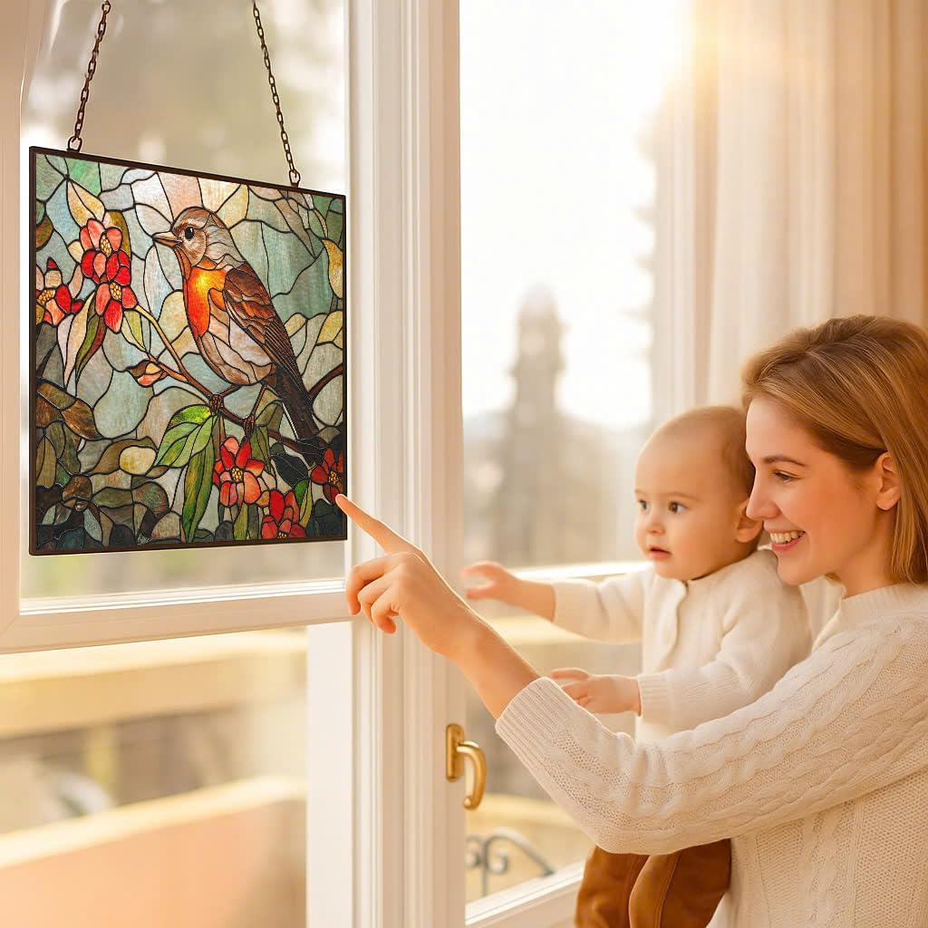 Personalized Rectangle Art Nouveau Honeysuckle Robin Stained Glass Window Hanging, Suncatcher for
