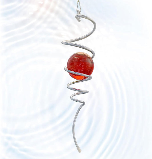 Gazing Ball Spiral Tail with Red Glass Orb - 13" Wind Spinner Stabilizer with Swivel Hook, Hanging