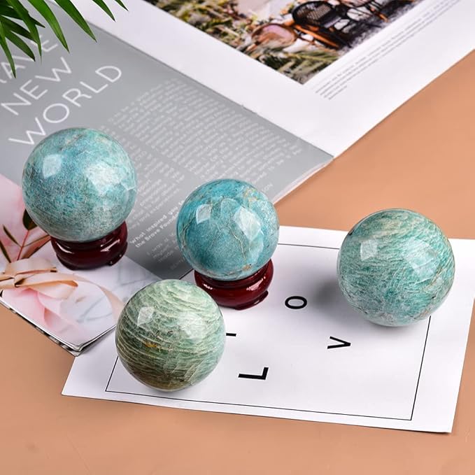 JIC Gem Natural Amazonite Crystal Ball with Wood Stand Gemstone Sphere,Polished Healing Energy