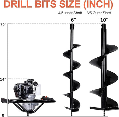 DC HOUSE 52cc 1800W Gas Powered Earth Auger EPA Certified Post Hole Digger, with 2 Drill Bits 6"