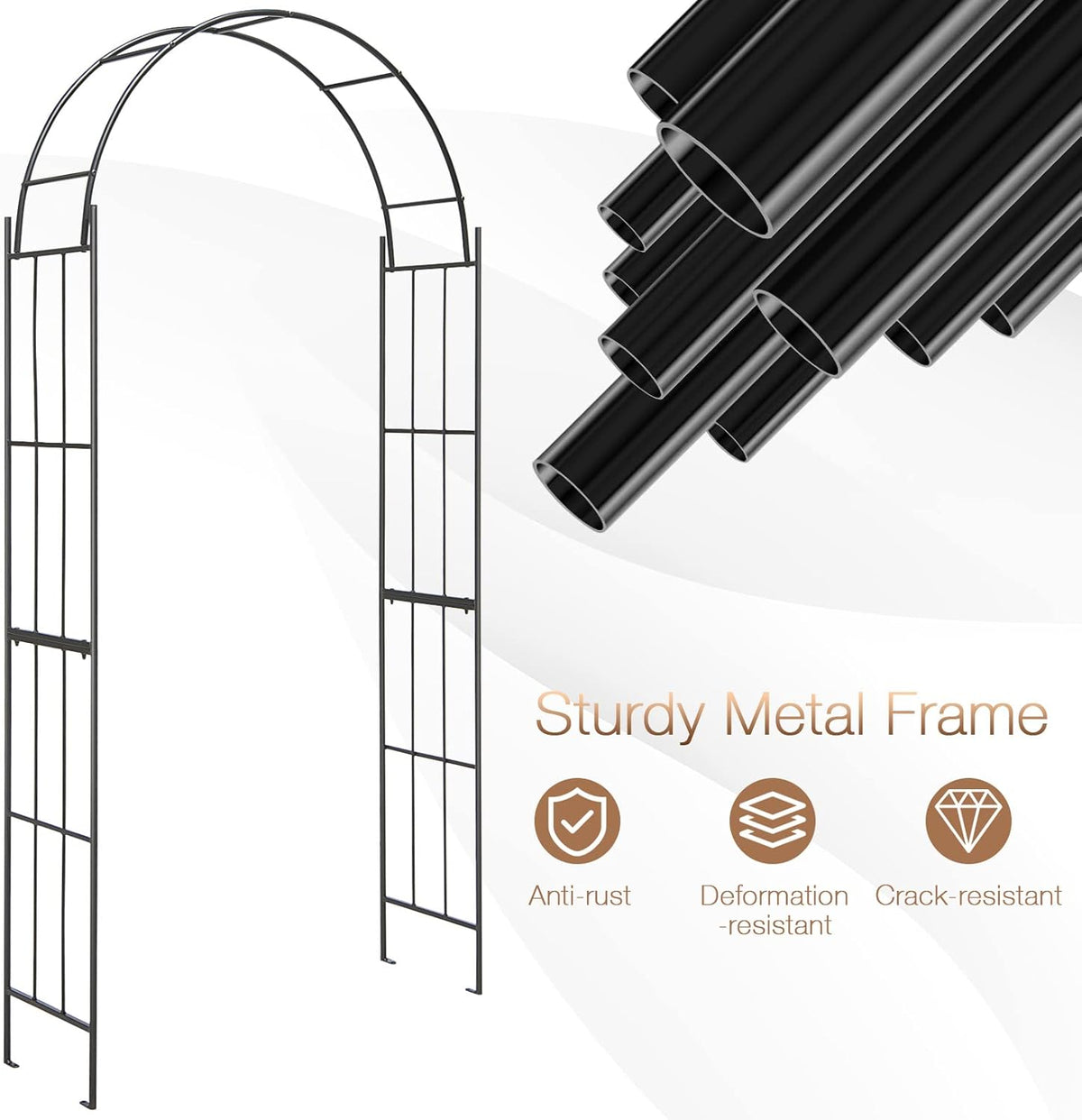 HAPPYGRILL Garden Arch, Garden Arbor with Trellis, Outdoor Garden Arbor with Stakes, Metal Garden