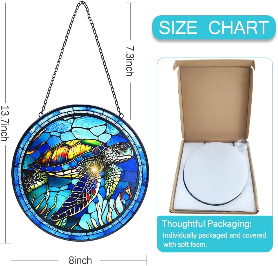 Stained Glass Turtle Suncatcher Window Hanging - Handmade Sea Turtle Suncatchers for Windows with