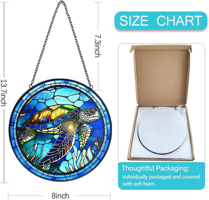 Stained Glass Turtle Suncatcher Window Hanging - Handmade Sea Turtle Suncatchers for Windows with
