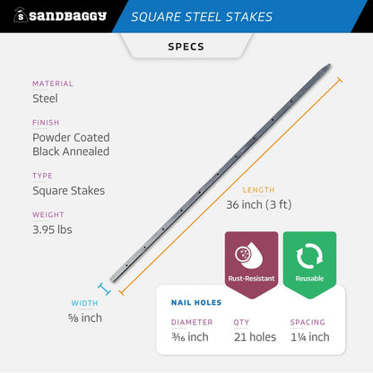 Sandbaggy 36" Square Steel Concrete Form Stakes with Nail Holes - 5/8" Wide - Rust Resistant