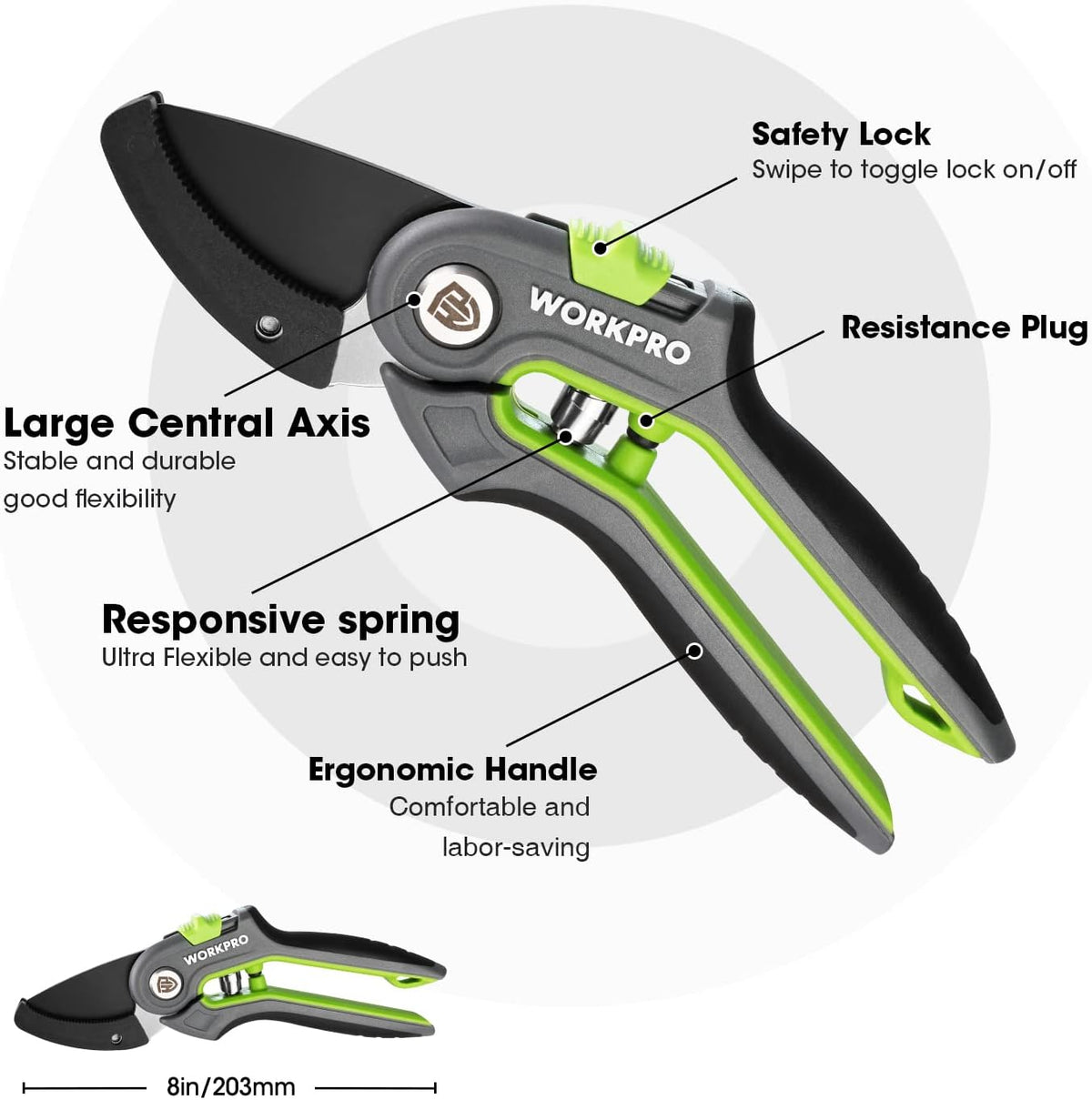 WORKPRO Anvil Pruning Shears, 8’’ Professional Gardening Hand Pruner with SK5 Steel Sharp Blades