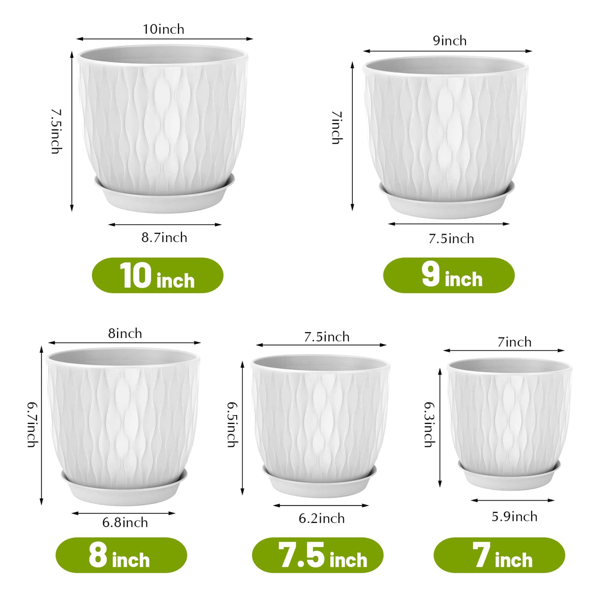 LESOASIS Plastic Plant Pots 10/9/8/7.5/7 inch Set of 5, Flower Planters with Drainage Holes and
