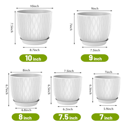 LESOASIS Plastic Plant Pots 10/9/8/7.5/7 inch Set of 5, Flower Planters with Drainage Holes and