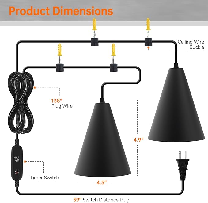 Bstrip 50W Double-Head Hanging Grow Lights for Indoor Plants, 3000K, Black LED Plant Light Bulbs