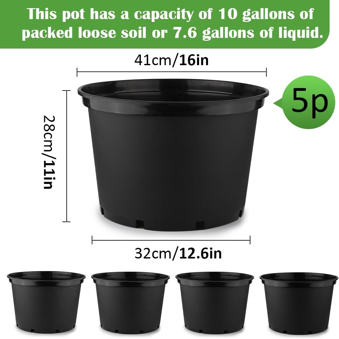 10 Gallon Plastic Nursery Pots, 16 Inch Round Plant Pots with Drainage Holes, 5 Pack Large Garden