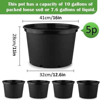 10 Gallon Plastic Nursery Pots, 16 Inch Round Plant Pots with Drainage Holes, 5 Pack Large Garden