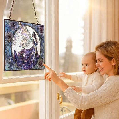 Customized Rectangle Fairy Stained Glass Suncatcher Window Hanging, Gothic Christmas Ornaments for