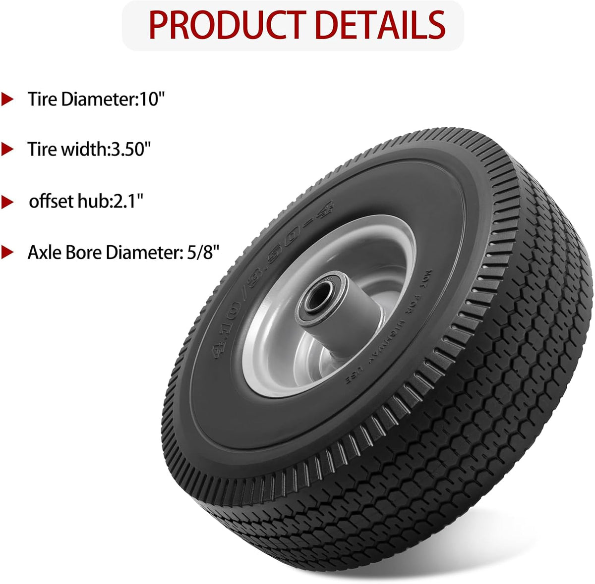 10" Solid Tire Replacement 4.10/3.50-4 Flat Free Tire and Wheel for Garden Carts, Hand Trucks